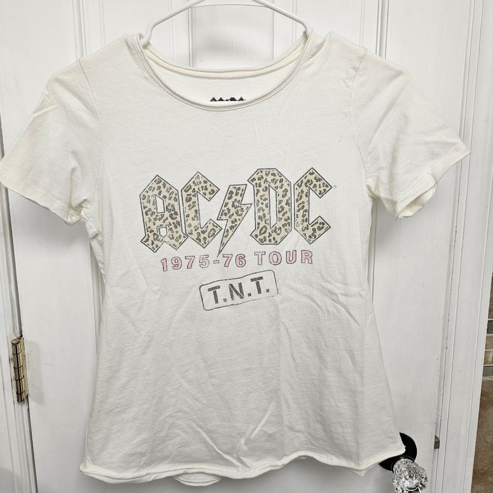 AC/DC Tee Shirt Small Cropped Top, leopard print detail